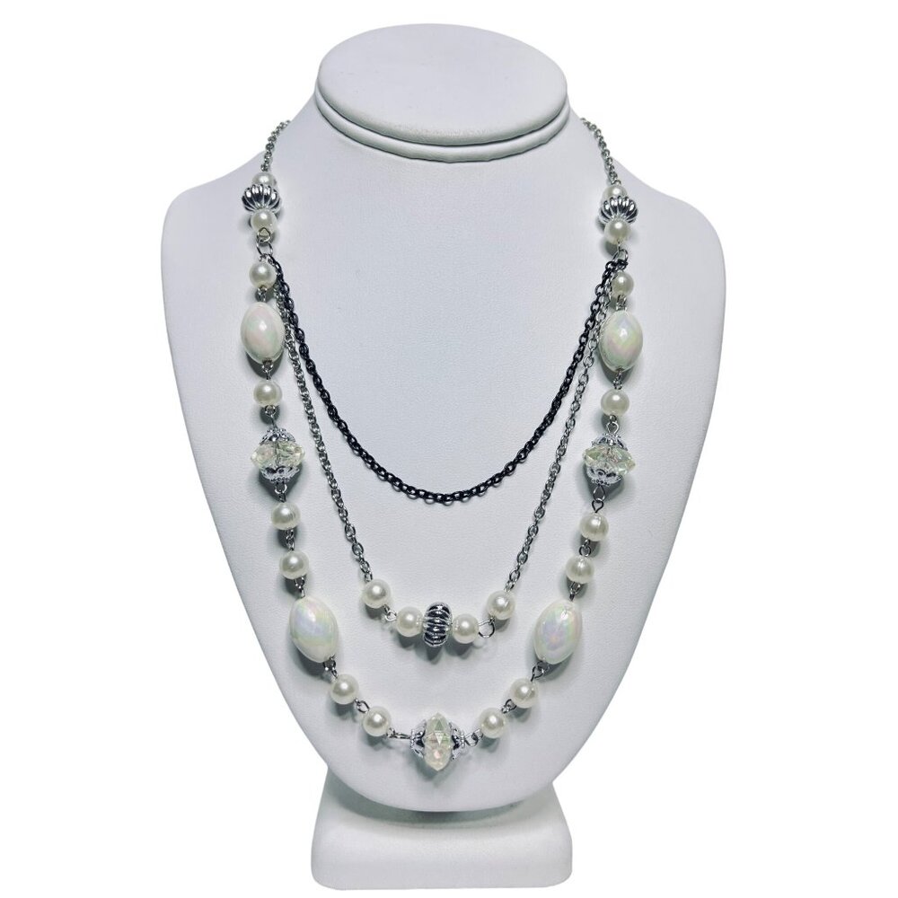 Silver Tone Bib Necklace With Clear Crystals & White Iridescent Beads (5887)